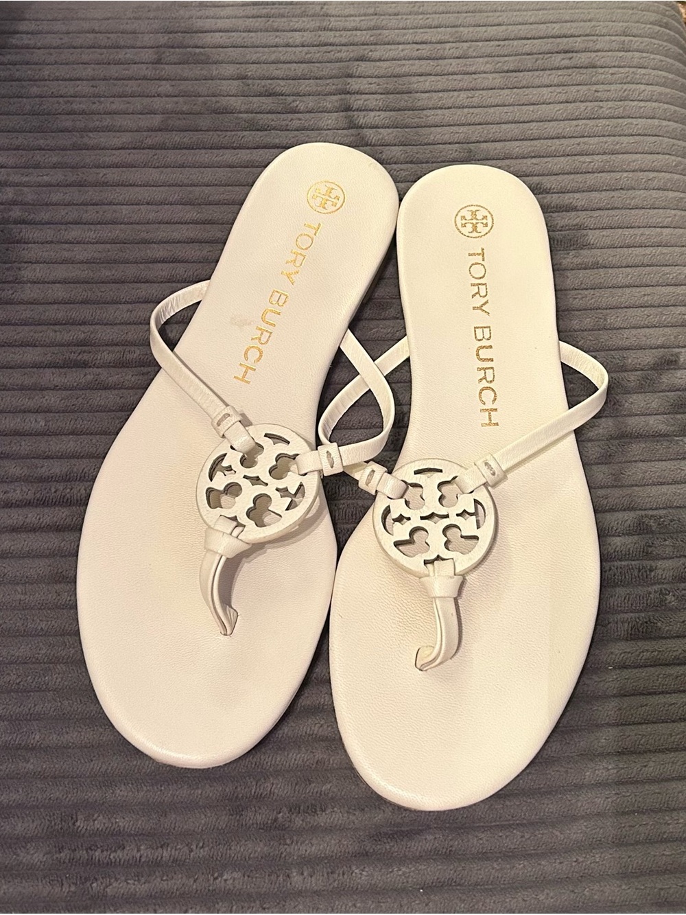 Tory Burch White Miller Logo Thong Sandals - Gold Logo Detail